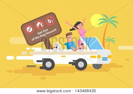 Stock vector illustration happy guy drives white convertible, man and joyful brunette woman with their dog rush by car among palm trees on yellow background, cheerful couple on vacation in flat style