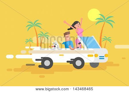 Stock vector illustration happy guy drives white convertible, man and joyful brunette woman with their dog rush by car among palm trees on yellow background, cheerful couple on vacation in flat style
