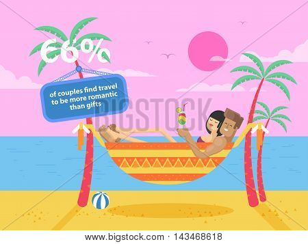 Stock vector illustration of happy tanned couple on vacation, man and woman rests in a hammock between two palm trees on the coast, the guy holding a cocktail on the beach in the flat style