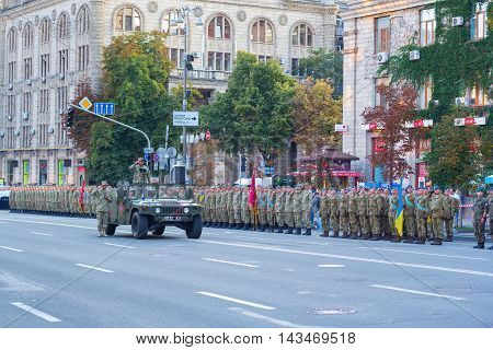 Kiev Ukraine - 19 August 2016: The military parade prepetition: the general greets soldiers at Kreschatyk street.