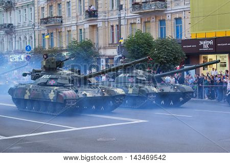 Kiev Ukraine - 19 August 2016: Tank troops preparing for parade at Kreschatyk street which will take place on the 24-rd of August dedicated to the 25-th anniversary of Independence of Ukraine.