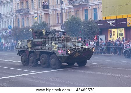 Kiev Ukraine - 19 August 2016: Motorized troops preparing for parade at Kreschatyk street which will take place on the 24-rd of August dedicated to the 25-th anniversary of Independence of Ukraine.