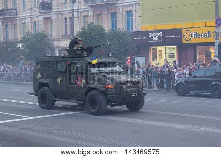 Kiev Ukraine - 19 August 2016: Mechanized troops preparing for parade at Kreschatyk street which will take place on the 24-rd of August dedicated to the 25-th anniversary of Independence of Ukraine.