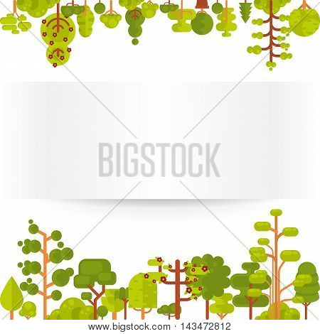 Stock vector illustration of green trees and bushes on a white background in a flat style with bare banner or strip of paper for Environmental Design, eco style, ecology