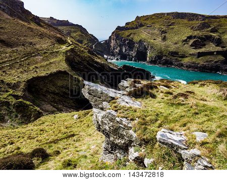Rocky coastline near the ruins of Tintagel Castle in England
