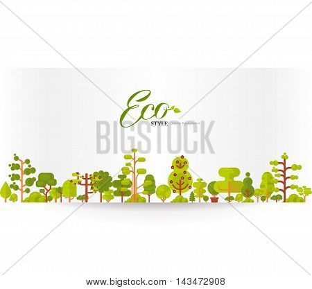 Stock vector illustration of banner or strip of paper with lettering, green trees and bushes on a white background in a flat style for Environmental Design, eco style, ecology