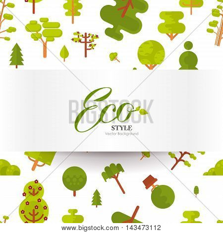 Stock vector illustration seamless pattern with lettering, green trees and bushes on a white background in a flat style with banner or strip of paper for Environmental Design, eco style, ecology
