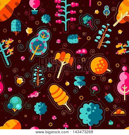 Stock vector illustration seamless pattern with colorful trees in a flat style on a brown background