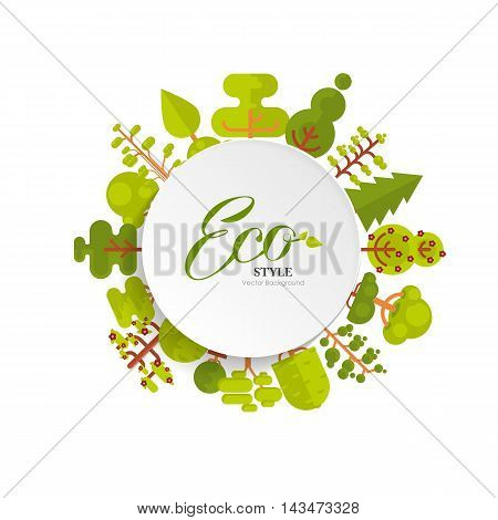 Stock vector illustration of bare circle banner or round sticker with lettering, trees and bushes located along the rim on a white background in flat style for Environmental Design, eco style, ecology