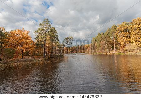 Colorful autumn trees fortress at the river front