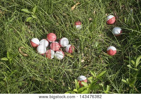 Thailand - August 20, 2016: Group of pokeball on grass (Pokemon Ball). Pokeball toy of the game Pokemon Go at Thailand.