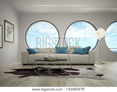 Interior of modern design room with sea view 3D rendering