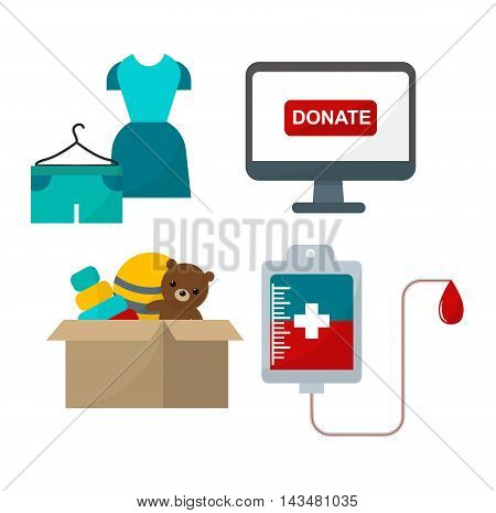 Donate help symbols charity organization heart flat icons set of food and clothes donation abstract isolated vector illustration. Humanitarian holding money donate help symbols. Donate symbols.
