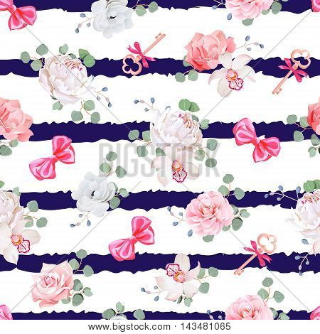 Striped navy seamless vector print with red satin bows and flowers. Rose peony camellia carnation anemone eucaliptus leaves.