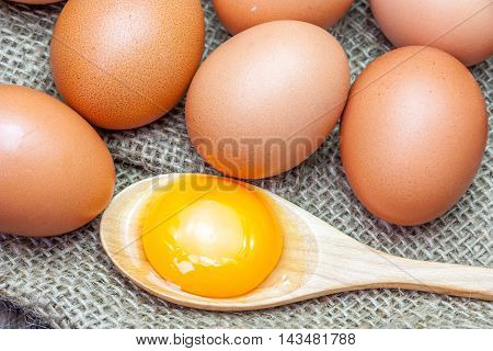 Eggs and egg yolks on brown sackcloth