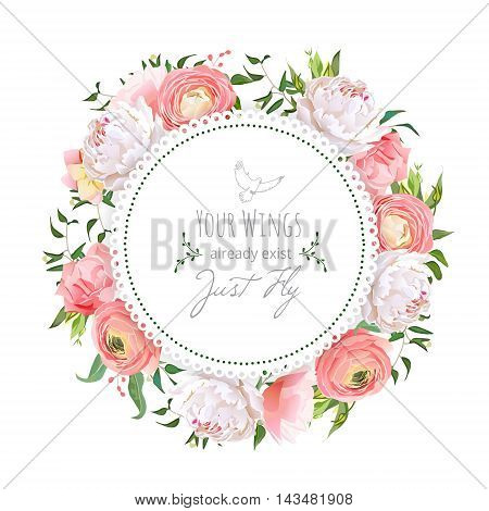 Wedding ranunculus peony rose carnation green plants round vector design frame. White delicate background. All elements are isolated and editable.