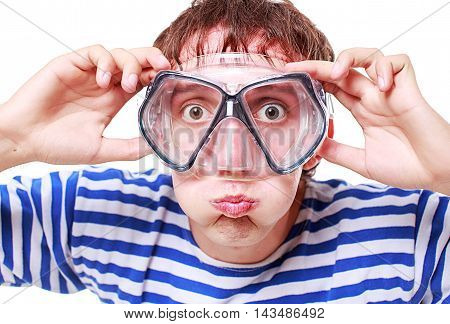 funny guy in a mask for diving. young man wearing stripped vest and a mask for swimming under the water and blew out his cheeks to hold breath for diving. isolated on white background