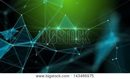 Green plexus and lightning abstract technology and engineering background. Original organic illustration with depth of field settings. More unique plexus illustrations in my portfolio. 3D rendering.