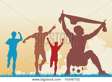 Silhouettes colorées d'un joueur de football célébrant un but plus de coéquipiers