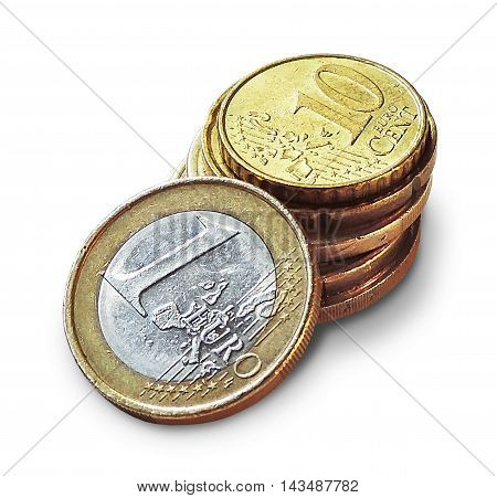 European currency coins, Euro money isolated on white background.
