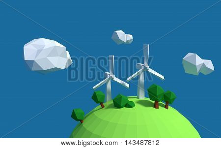 Two white wind turbine generator on the earth with good ecology low-poly 3d rendered