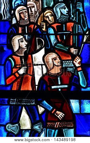 Poissy France - august 6 2016 : stained glass window of the historical collegiate church where the king Saint Louis was baptised
