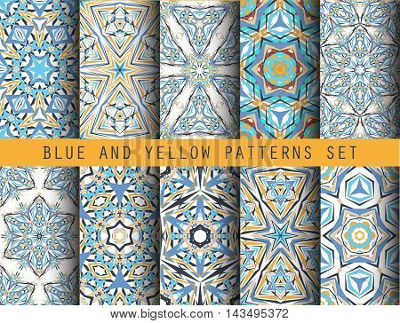 Blue Yellow Kaleidoscopic seamless Patterns Set. Geometric floral backgrounds for wallpaper, floor, ceramic tiles, furniture textile, fabric print. Vector decorative ornaments collection