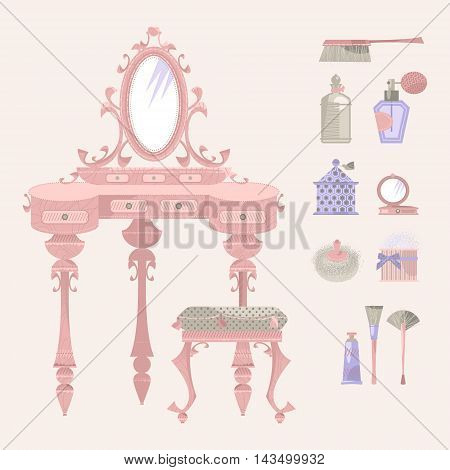 Dressing table with a mirror and a chair. Retro style. Art deco. Vector illustration.