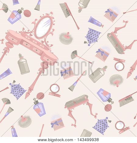 Dressing table with a mirror and cosmetics. Retro style. Seamless background pattern. Vector illustration