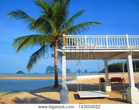 White swing with coconut palms and the white sand beach.