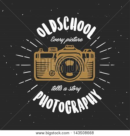 Oldschool photography vintage t-shirt design. Hand drawn photo camera. Every picture tells a story quote. Vector illustration.
