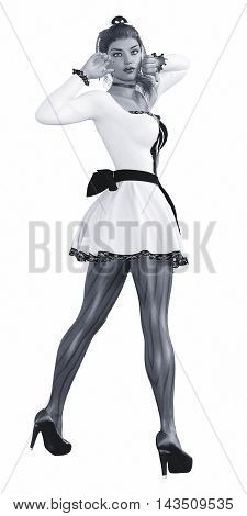 Beautiful sexy maid wearing pantyhose fishnet. Conceptual fashion art. Isolate. Studio, high key. Seductive candid pose. Sex. 3D render illustration. Old black and white textured paper.