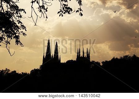 Silhouette of Burgos cathedral at the sunset