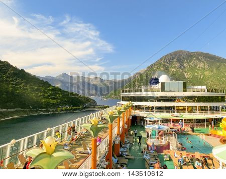 Kotor, Montenegro - May 07, 2014: The upper deck of cruise Ship Norwegian Jade by NCL