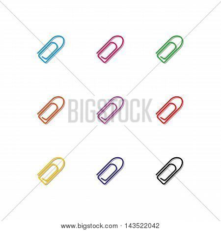 Set of nine multi-colored paper clips with shadow isolated on white background design elements chancellery sixth set vector illustration.