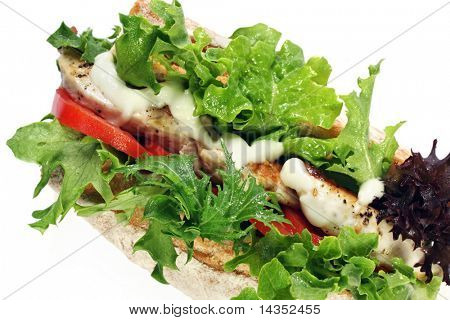 Baguette with grilled chicken, lettuce, tomato and mayonnaise.  Mmmm!