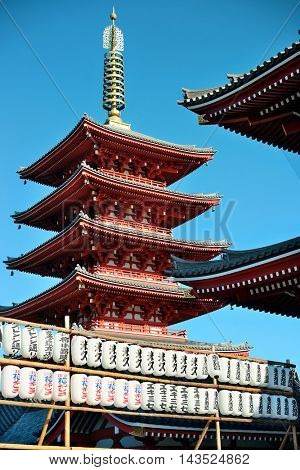 TOKYO, JAPAN - MAY 15: Historical architecture in temple on May 15, 2013 in Tokyo. Sensoji Temple, founded in 645 CE, making it the oldest temple in Tokyo.