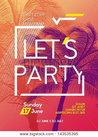 Summer time party poster design template with palms trees silhouettes. Modern style. Vector illustration