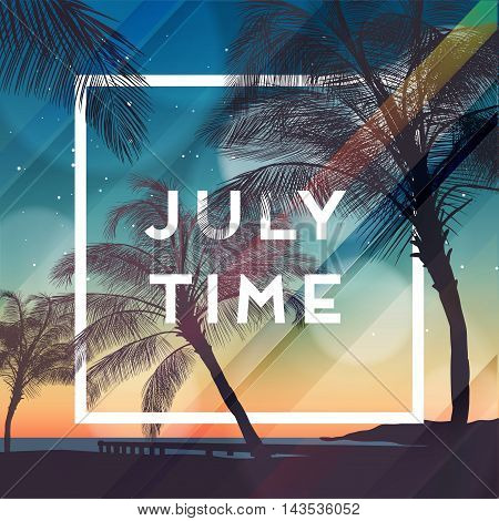 Summer time party poster design template with palms trees silhouettes. Modern style. Vector illustration