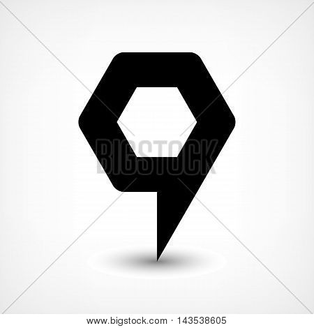 Map pin location sign rounded hexagon icon in flat style. Simple black shapes with gray gradient oval shadow on white background. This web design element vector illustration save in 8 eps