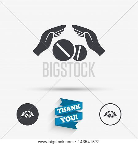 Medical insurance sign icon. Hand holds tablets pills drugs. Health Insurance. Flat icons. Buttons with icons. Thank you ribbon. Vector