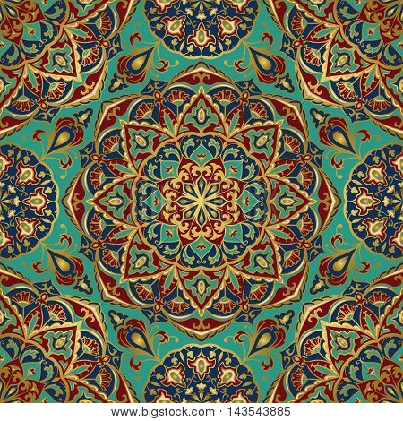 Seamless eastern pattern of mandalas on a turquoise background. Vector elegance ornament. Design for any surface. Stylized template for carpet.