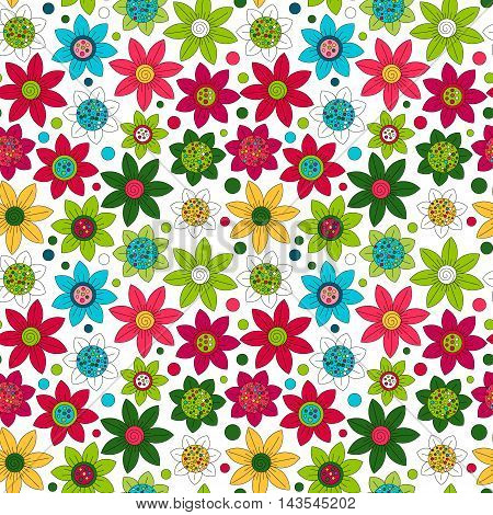 Floral seamless cute pattern simple design. Primitive flowers seamless ornament. Bright trandy colors flowers on white background. Vector illustration