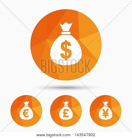 Money bag icons. Dollar, Euro, Pound and Yen symbols. USD, EUR, GBP and JPY currency signs. Triangular low poly buttons with shadow. Vector