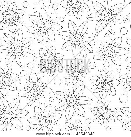 Floral seamless cute pattern simple design. Primitive flowers line ornament. Black outline on white background. Coloring book page. Vector illustration
