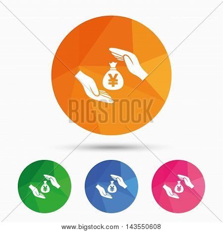 Protection money bag sign icon. Hands protect cash in Yen symbol. Money or savings insurance. Triangular low poly button with flat icon. Vector