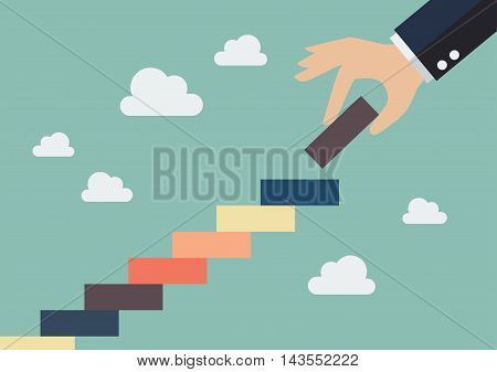 Business hand insert a piece of staircase. Financial business plan