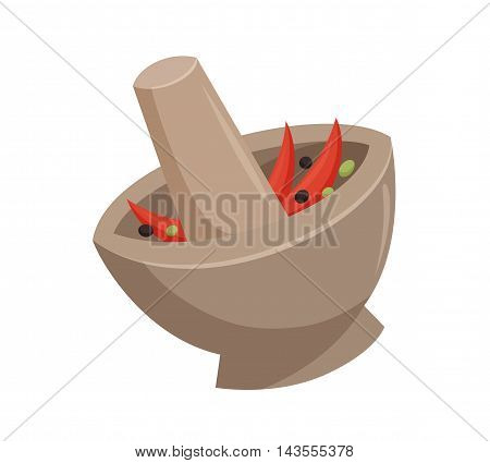 Grind the curry paste in a mortar. Traditional thailand mortar. Cooking process vector illustration. Kitchenware and cooking utensils isolated on white. Mix seasonings or herbs