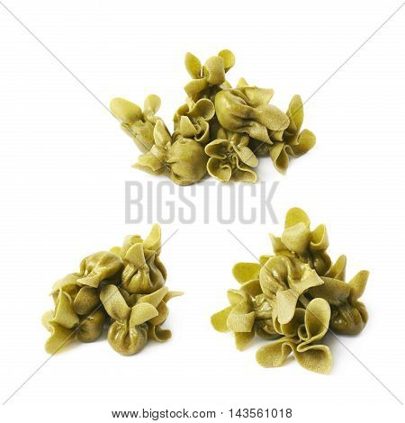 Pile of sacchettoni stuffed sacchetti pasta isolated over the white background, set of three different foreshortenings