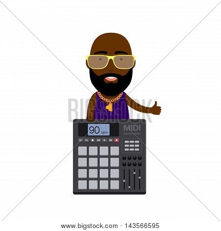 Vector Flat Illustration of a Hip-Hop Guy with MIDI Controller with Pads